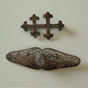 Vintage Edwardian Markasite Silver Filigree & Aquamarine + Caravaca Cross Brooch